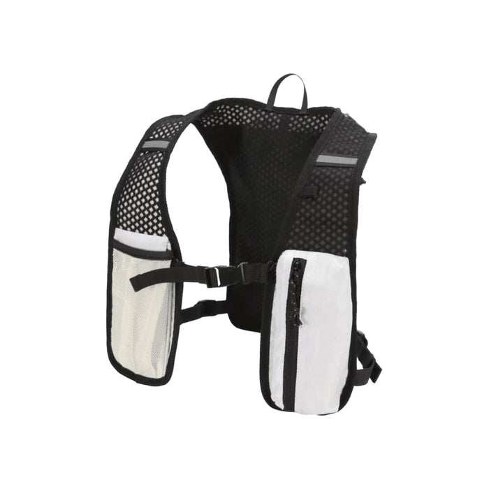 Varyon GRS Recycled Running Vest Hydration Pack 5L - A black and white recycled running vest hydration pack with mesh detailing and multiple pockets.