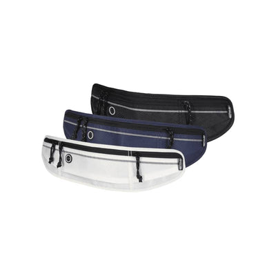 Varyon GRS Recycled Running Waist Pack - A set of three waist packs in black, navy, and white, featuring zippers and adjustable straps. Each pack has a logo.