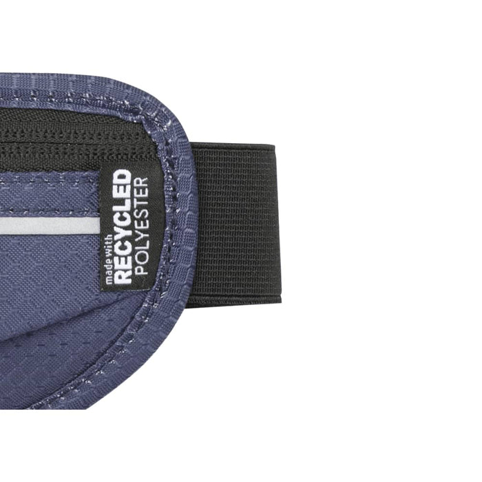 Varyon GRS Recycled Running Waist Pack - A blue waist pack featuring a black adjustable strap and a label indicating it is made with recycled polyester.