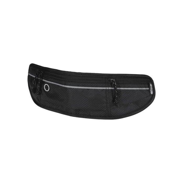 Varyon GRS Recycled Running Waist Pack - A black running waist pack with multiple compartments and zippers, featuring a reflective strip and branded logo.