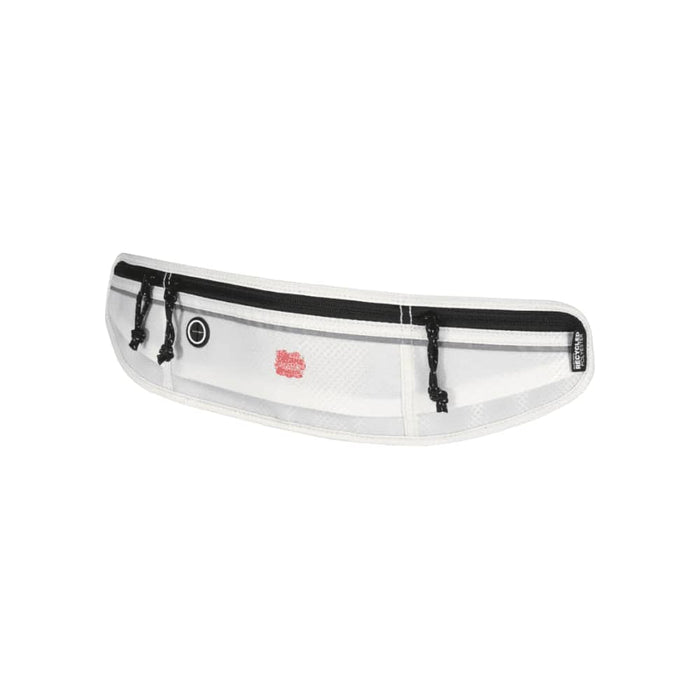 Varyon GRS Recycled Running Waist Pack - A white running waist pack featuring black zippers and straps, with a logo on the side.