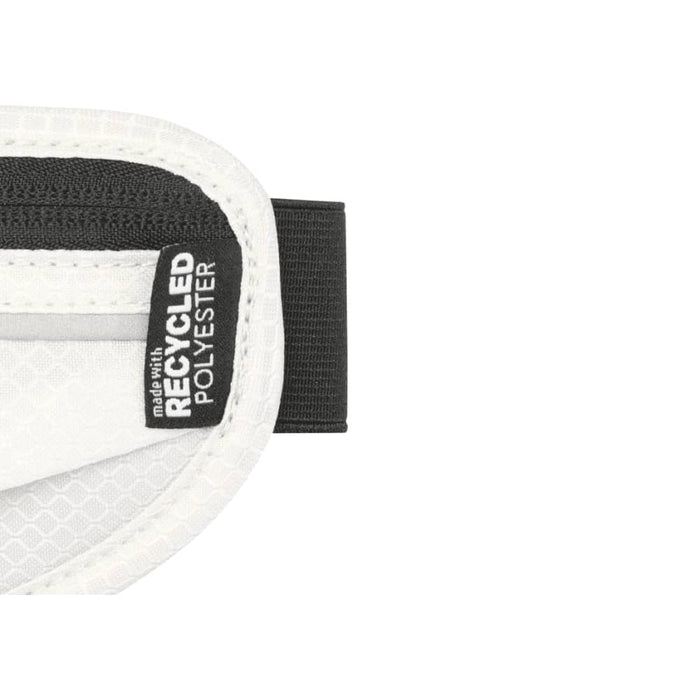 Varyon GRS Recycled Running Waist Pack - A close-up of a white and black waist pack featuring a recycled polyester tag and a grey mesh fabric section.