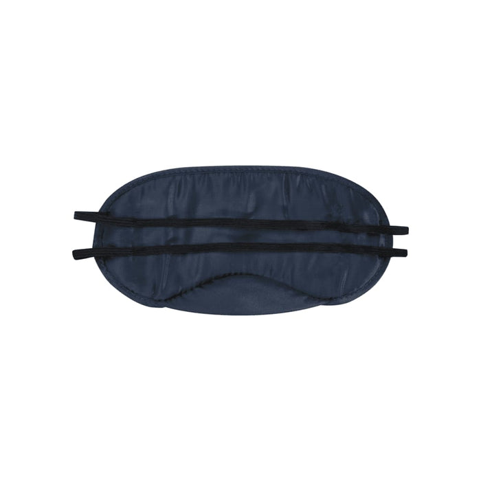 Traveler Eye Mask - A dark navy eye mask featuring two black elastic straps for securing it in place. It has a smooth fabric texture and a logo.