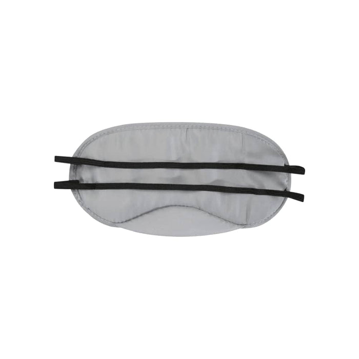 Traveler Eye Mask - A grey eye mask with black elastic straps and a logo, designed for travel comfort.