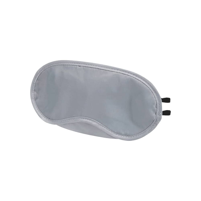 Traveler Eye Mask - A grey eye mask with a smooth texture and adjustable straps, featuring a logo on the side.