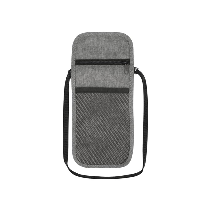 Ross GRS Recycled Smart Travel Pouch - A grey travel pouch with multiple compartments, a mesh pocket, and a shoulder strap. It features a logo.