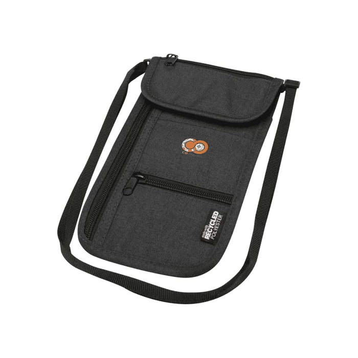 Ross GRS Recycled Smart Travel Pouch - A grey recycled travel pouch with a strap, featuring multiple zippered pockets and a logo.