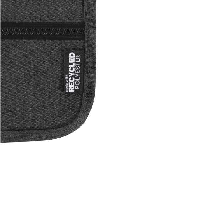 Ross GRS Recycled Smart Travel Pouch - A grey travel pouch made from recycled polyester with a zip closure and a label indicating its material.
