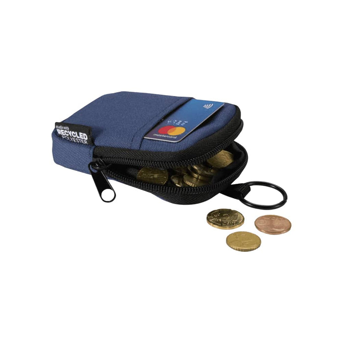Byron Clip & Go GRS Recycled Small Pouch 0.2L - A small blue pouch with a zipped opening containing coins, a card, and a keyring attachment. It features a logo.
