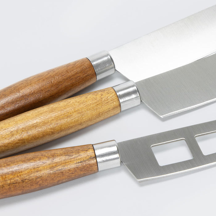 Keepsake Luca Cheese Knives - Three cheese knives with stainless steel blades and wooden handles in light and dark brown.