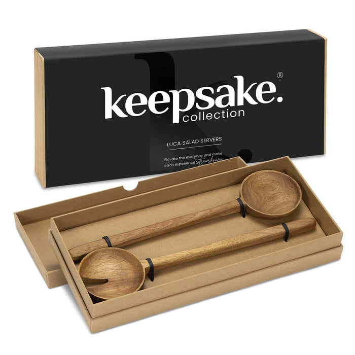 Keepsake Luca Salad Servers - Wooden salad servers presented in a stylish box, featuring a fork and spoon design. The packaging has a logo.