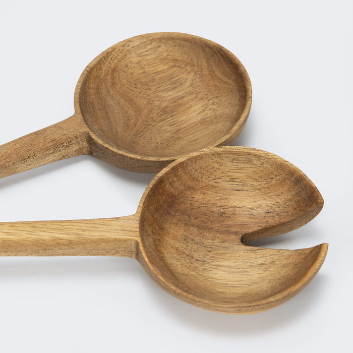 Keepsake Luca Salad Servers - Two wooden salad servers in natural brown hues, featuring a spoon and a fork design, resting on a light background.