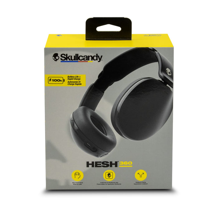 Skullcandy Hesh 360 Headphones - A black pair of Skullcandy Hesh 360 headphones in packaging, featuring a logo and a handle on top.