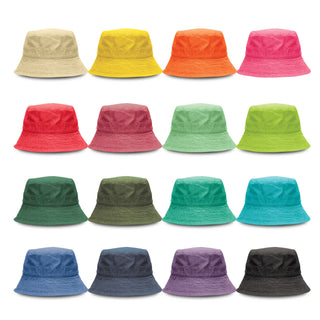 Bondi Washed Bucket Hat - A collection of Bondi Washed Bucket Hats in various colours, including yellow, orange, pink, green, and blue.