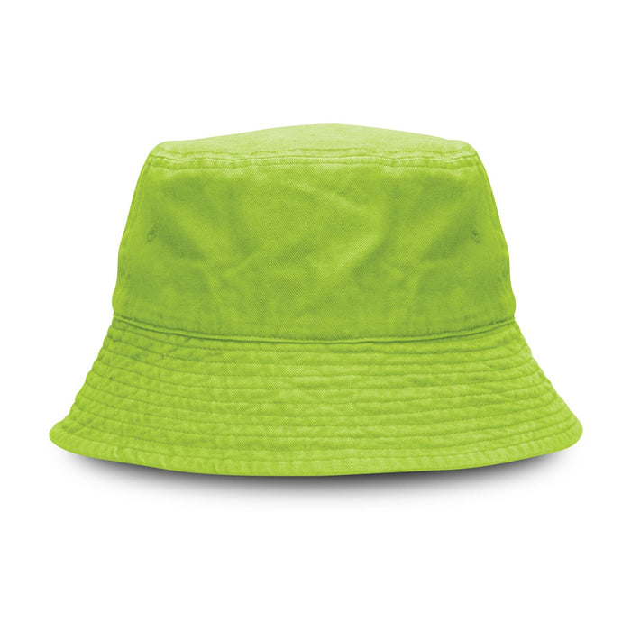 Bondi Washed Bucket Hat - A bright lime green bucket hat with a soft, textured surface and a wide brim, featuring a logo.
