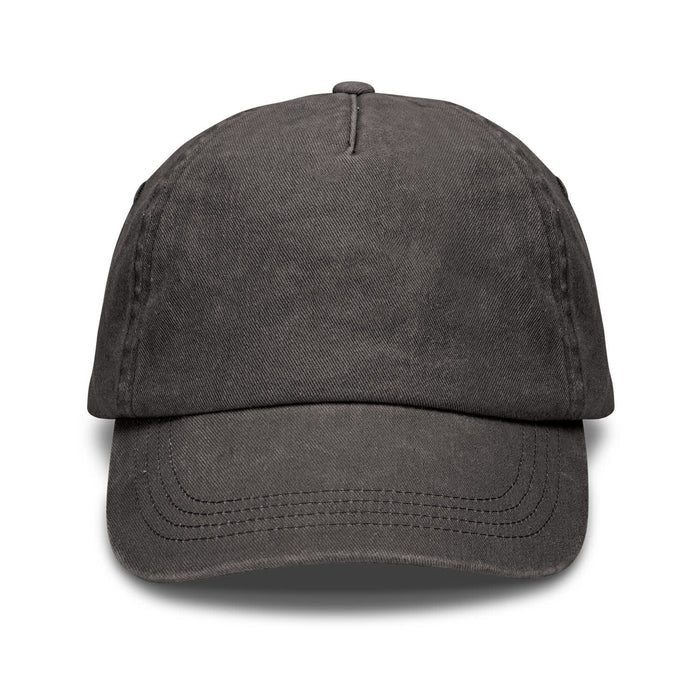 Vintage Washed Cap - A vintage washed cap in dark grey with a curved brim and a logo on the front.