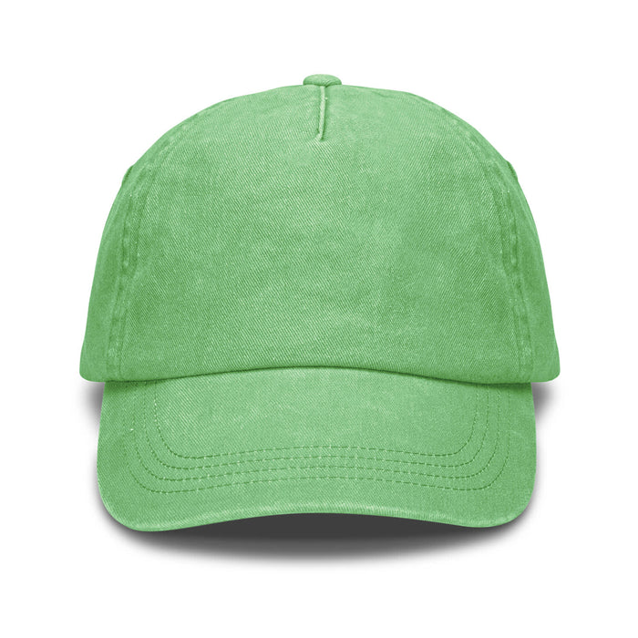 Vintage Washed Cap - A vintage washed cap in bright green, featuring a structured crown and a curved brim, with a logo on the front.