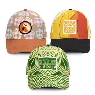 Falcon Custom Cap with Full Colour Patch - Three caps featuring unique full-colour patches: a brown floral design, a sunset pattern in orange and yellow, and a green checkered style.