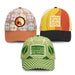 Falcon Custom Cap with Full Colour Patch - Three caps featuring unique full-colour patches: a brown floral design, a sunset pattern in orange and yellow, and a green checkered style.