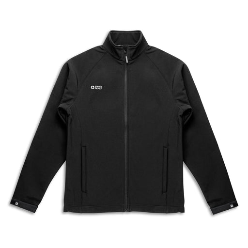 Swiss Peak Urban Unisex Softshell Jacket - A black unisex softshell jacket featuring a high collar and a logo. The jacket has long sleeves and a front zip.