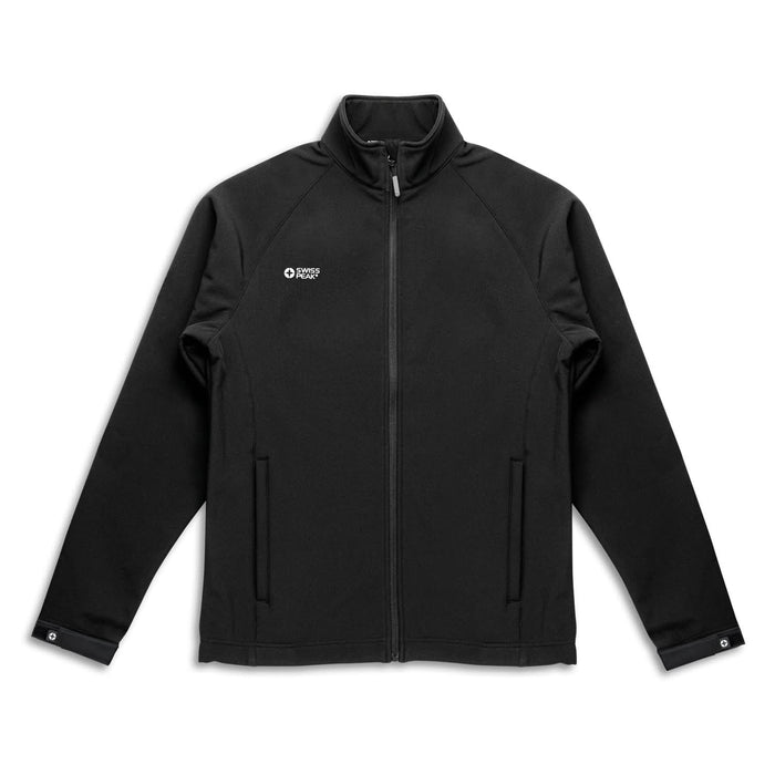 Swiss Peak Urban Unisex Softshell Jacket - A black unisex softshell jacket featuring a high collar and a logo. The jacket has long sleeves and a front zip.