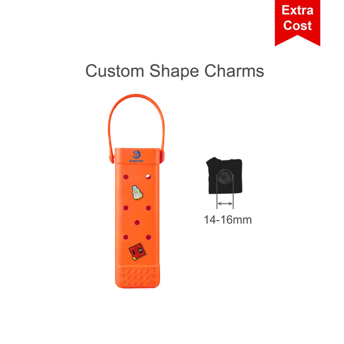 EVA Holes Wine Bottle Bag - An orange wine bottle bag featuring polka dots and a logo, with a carrying strap. Custom shape charm options available.