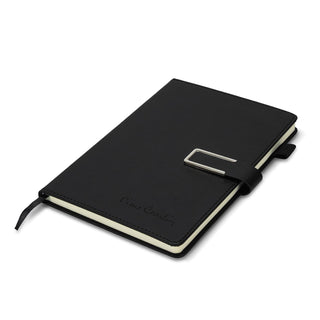 Pierre Cardin Fontaine Weekly Diary - 2027 - A black diary with a sleek cover and a metallic clasp, featuring an interior with cream pages and a logo.