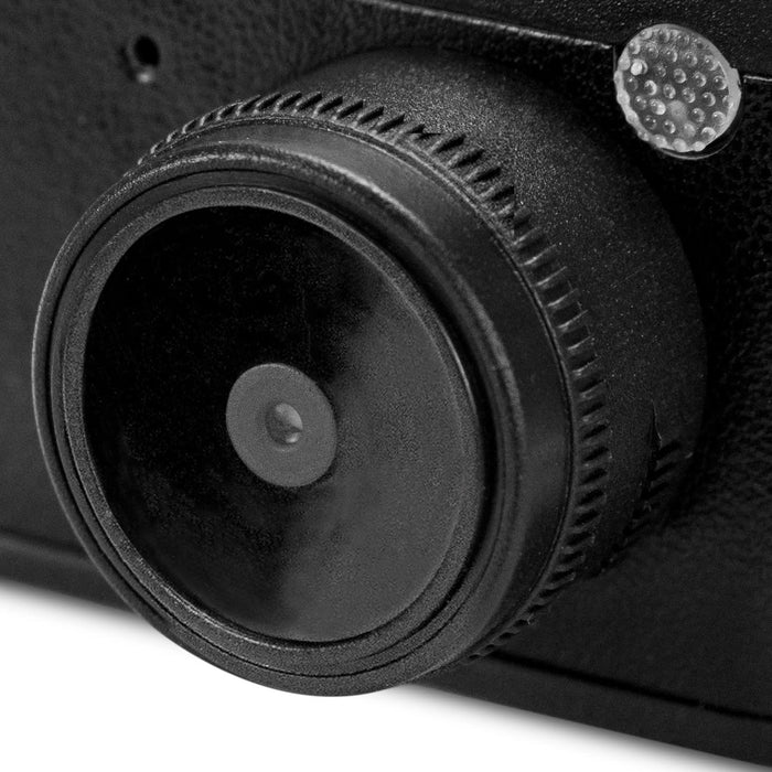 Candid Mini Camera - A black mini camera featuring a circular lens and textured body, with a small light detail.