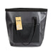 Frontier Bucket Bag - A black and grey bucket bag with sturdy handles and a front pocket, featuring a branding tag.