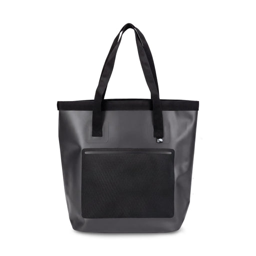 Frontier Bucket Bag - A grey bucket bag with black straps and a front mesh pocket, featuring a logo.