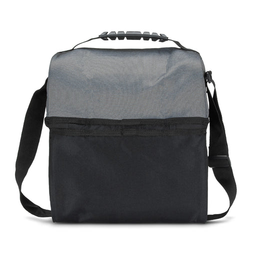 Trades Lunch Cooler Bag - A grey and black cooler bag with a shoulder strap and a top handle, featuring a logo.