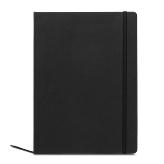 A4 Daily Diary - 2027 - A black A4 daily diary with a smooth cover and an elastic band closure. It has a logo on the front.
