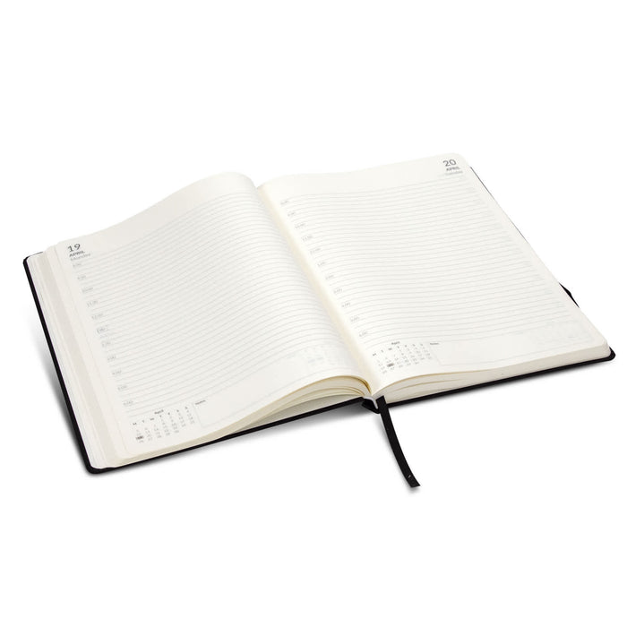 A4 Daily Diary - 2027 - An A4 daily diary for 2027, featuring a black cover and opened to reveal lined pages.