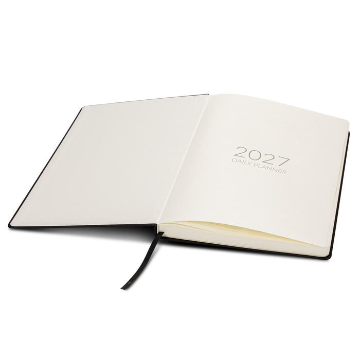 A4 Daily Diary - 2027 - An open A4 diary with a black cover and blank pages, featuring the year "2027" printed on the inside.