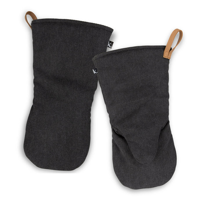 Keepsake Canvas Apron & Oven Mit Set - A dark grey oven mitt set featuring a simple design and hanging loops. The set includes two matching mitts.