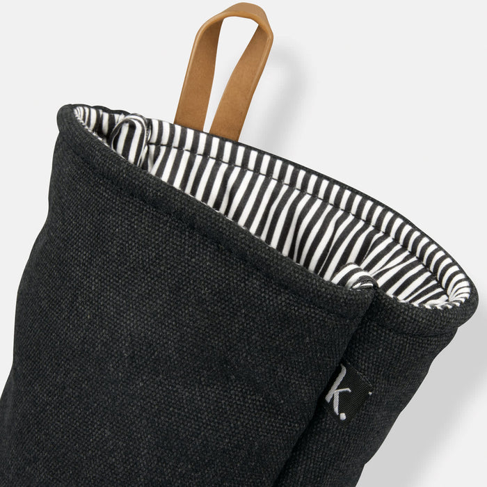 Keepsake Canvas Apron & Oven Mit Set - A black oven mitt with a striped interior and a hanging loop, featuring a small logo.