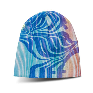 Commando Custom Full Colour Beanie - A full-colour beanie featuring vibrant blue and pastel striped designs, with a logo present.