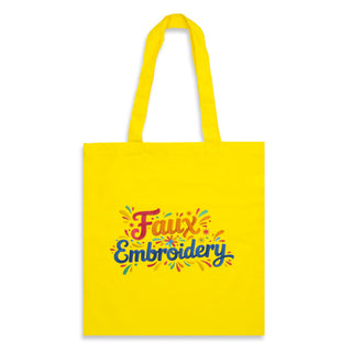 Sonnet Cotton Tote Bag - Colours - Faux Embroidery - A vibrant yellow tote bag featuring faux embroidery design and an attached logo.