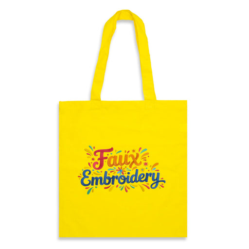 Sonnet Cotton Tote Bag - Colours - Faux Embroidery - A vibrant yellow tote bag featuring faux embroidery design and an attached logo.