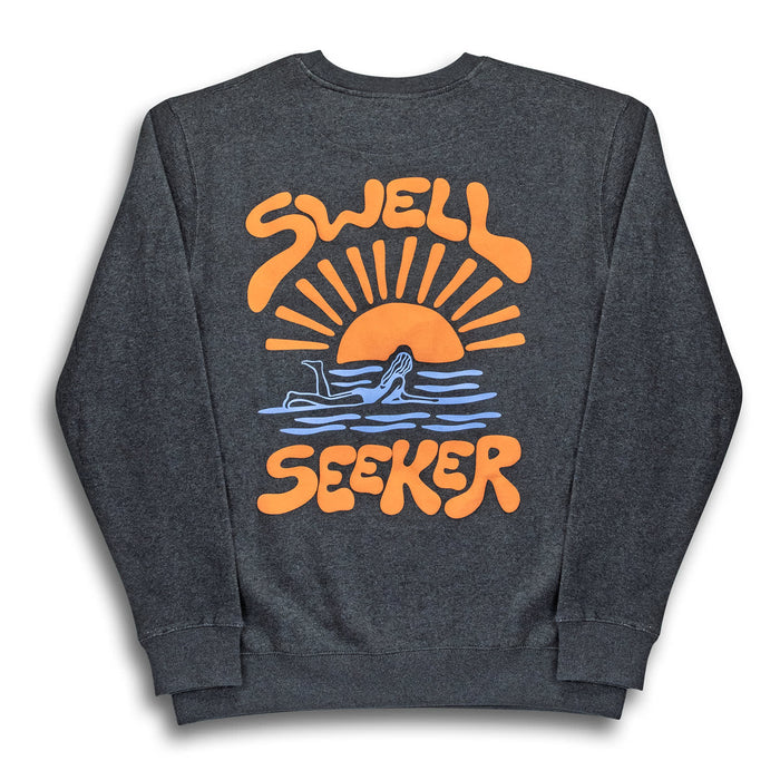 Classic Unisex Sweatshirt – Puff Print - A grey unisex sweatshirt featuring a vibrant orange and blue puff print graphic of a sun, waves, and text.