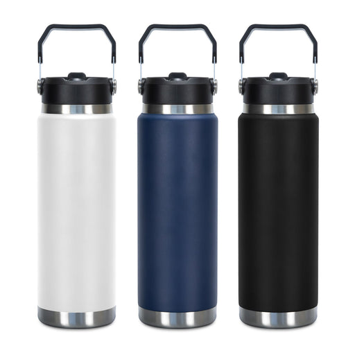 Frontier Hyke Vacuum Bottle - A drink bottle collection featuring a white, navy blue, and black vacuum bottle, each with a handle and a logo.