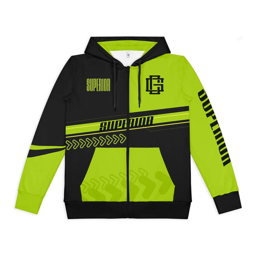 Custom Mens Active Zipped Hoodie - A black and neon green custom men's active zipped hoodie with a logo and graphic design elements.