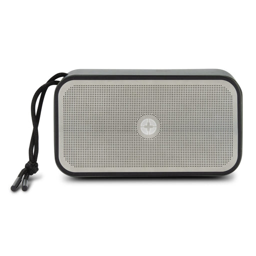 Swiss Peak 10W Bass Speaker - A rectangular grey bass speaker with a mesh front and a black cord attached for easy carrying.