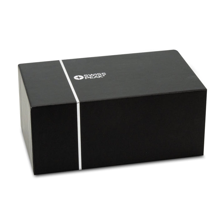 Swiss Peak 10W Bass Speaker - A black rectangular box featuring a logo on the front, designed for the Swiss Peak 10W Bass Speaker.