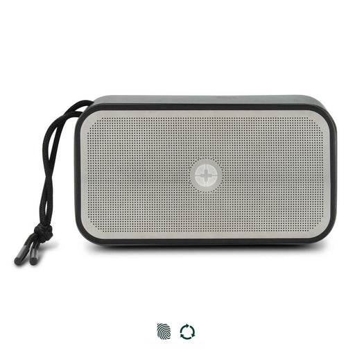 Swiss Peak 10W Bass Speaker - A rectangular grey and silver 10W bass speaker with a textured surface and a detachable strap. It features a logo.