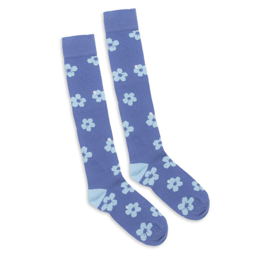 Pixel Knitted Knee-High Socks - Knee-high socks in purple with light blue flower patterns and blue accents. Features a logo.