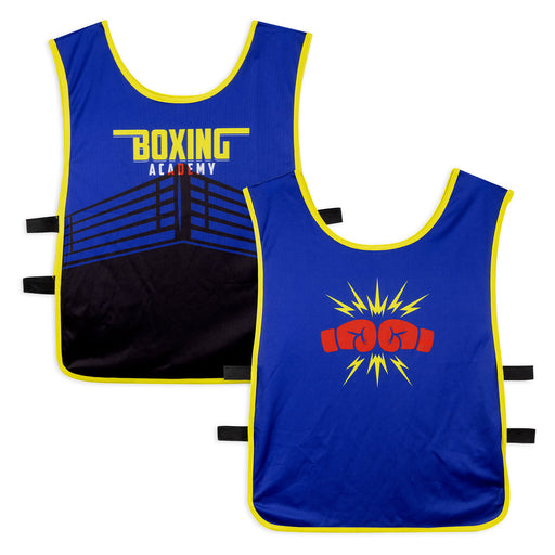 Custom Unisex Bib - A custom unisex bib in blue with yellow trim, featuring a boxing-themed design and a logo.