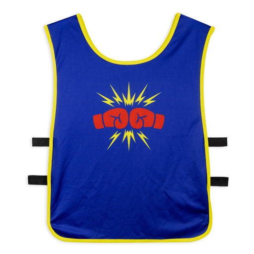 Custom Unisex Bib - A blue unisex bib with a yellow trim and a graphic of red boxing gloves surrounded by orange lightning bolts.