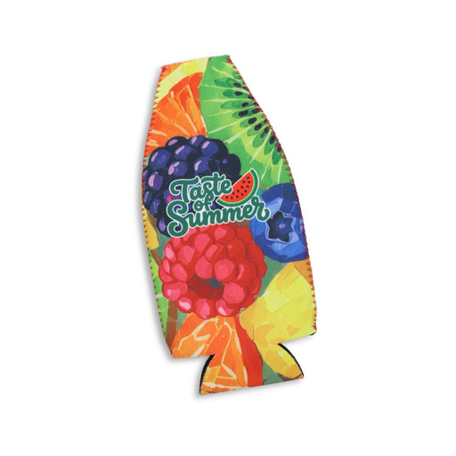 Belize Stubby Cooler - A drink bottle cooler featuring vibrant tropical fruit patterns in bright colours, with a logo included.