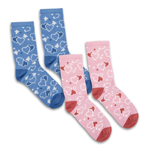 Jolly Knitted Bamboo Kids Socks - Set of 2 - A set of two pairs of children's socks in blue with white hearts and pink with red hearts. Each pair has a contrasting cuff.
